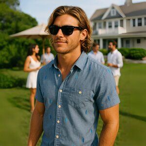 Tommy Hilfiger Surfboard Embroidered Chambray Button Down Shirt, Size Small